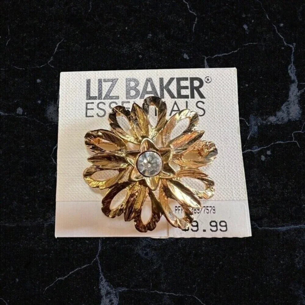 Golden Liz Baker Essentials Flower Brooch w/ Rhinestone Elegant Vintage Jewelry‎